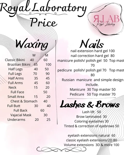 Royal laboratory. Russian manicure. Russian Lashes. Brows. Waxing