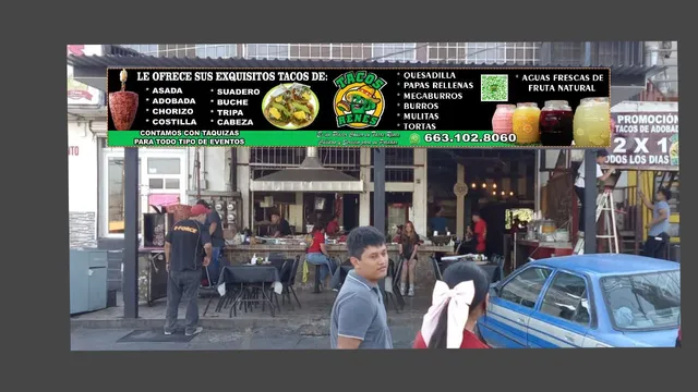 Tacos Rene’s Mariano Matamoros taqueria ubicada aún costado de panadería sahory
