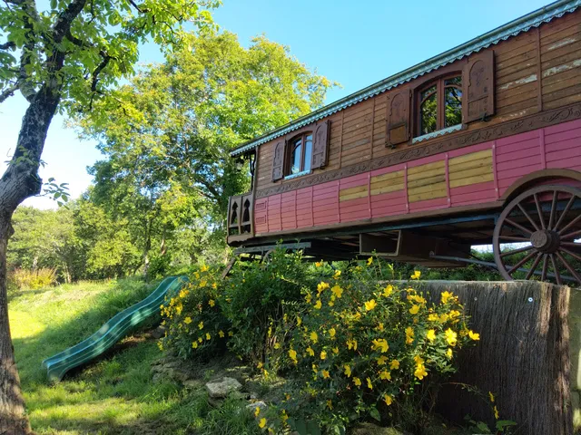 Une roulotte et des chevaux