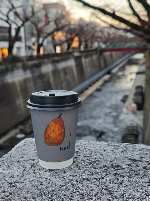 Drinking pear tea by the Meguro River without cherry blossoms🍐