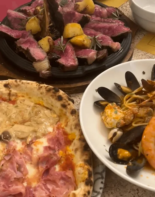 T-bone steak + Seafood pasta + Pizza